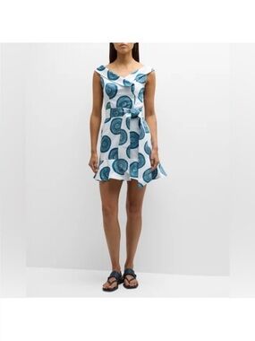 NWT Andres Otalora Blue White Los Monos Off Shoulder Mini Dress, Size 4